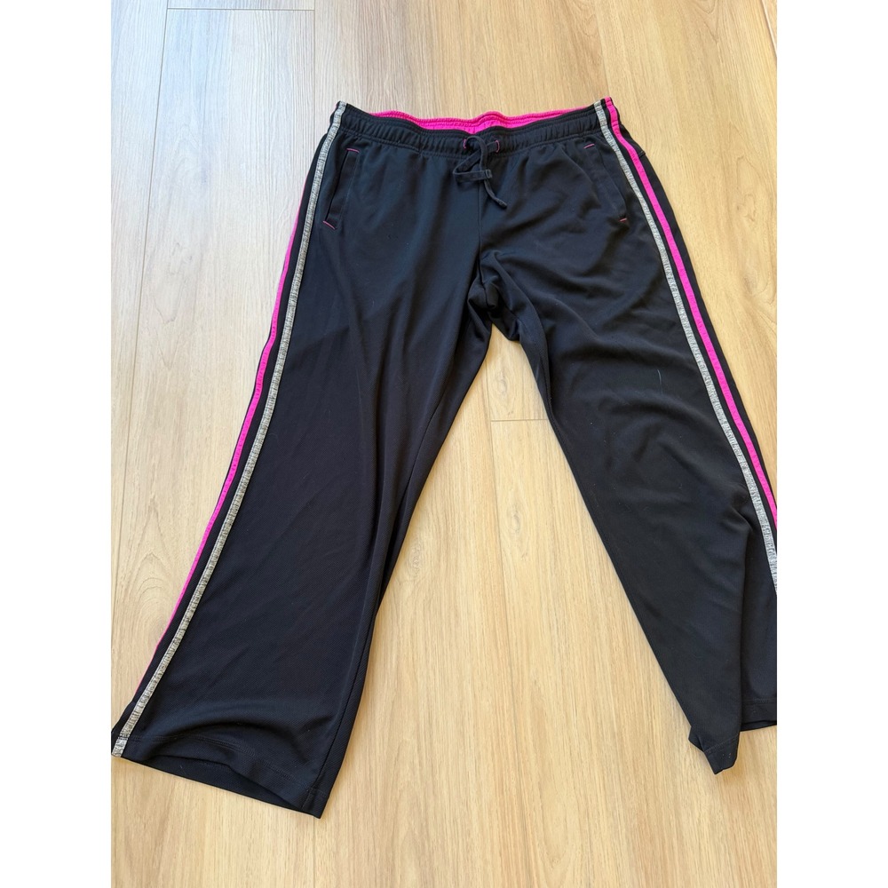 Made For Life Women Black Pink Glitter Stripe Quick-Dri Wide Leg Track Pants L